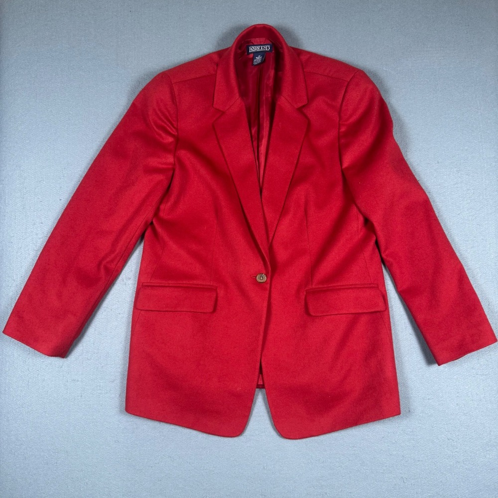 Lands End Blazer Women 12 Red Wool Cashmere Blend Single Button Classic Preppy